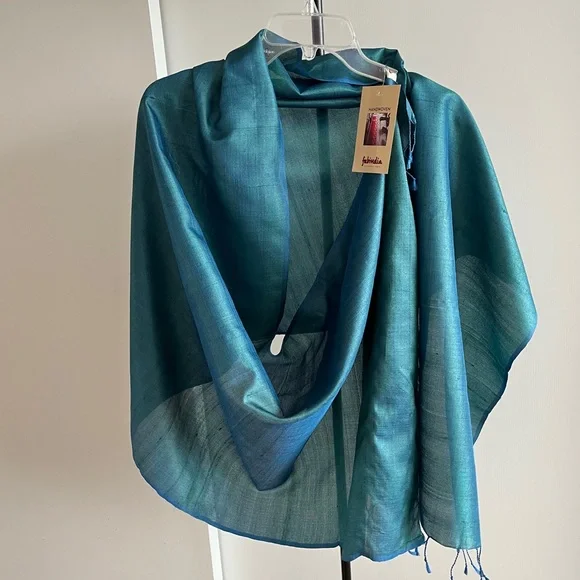 NWT Fabindia Handwoven 100% Silk Wrap Dupatta Stole Scarf Turquoise Teal Blue